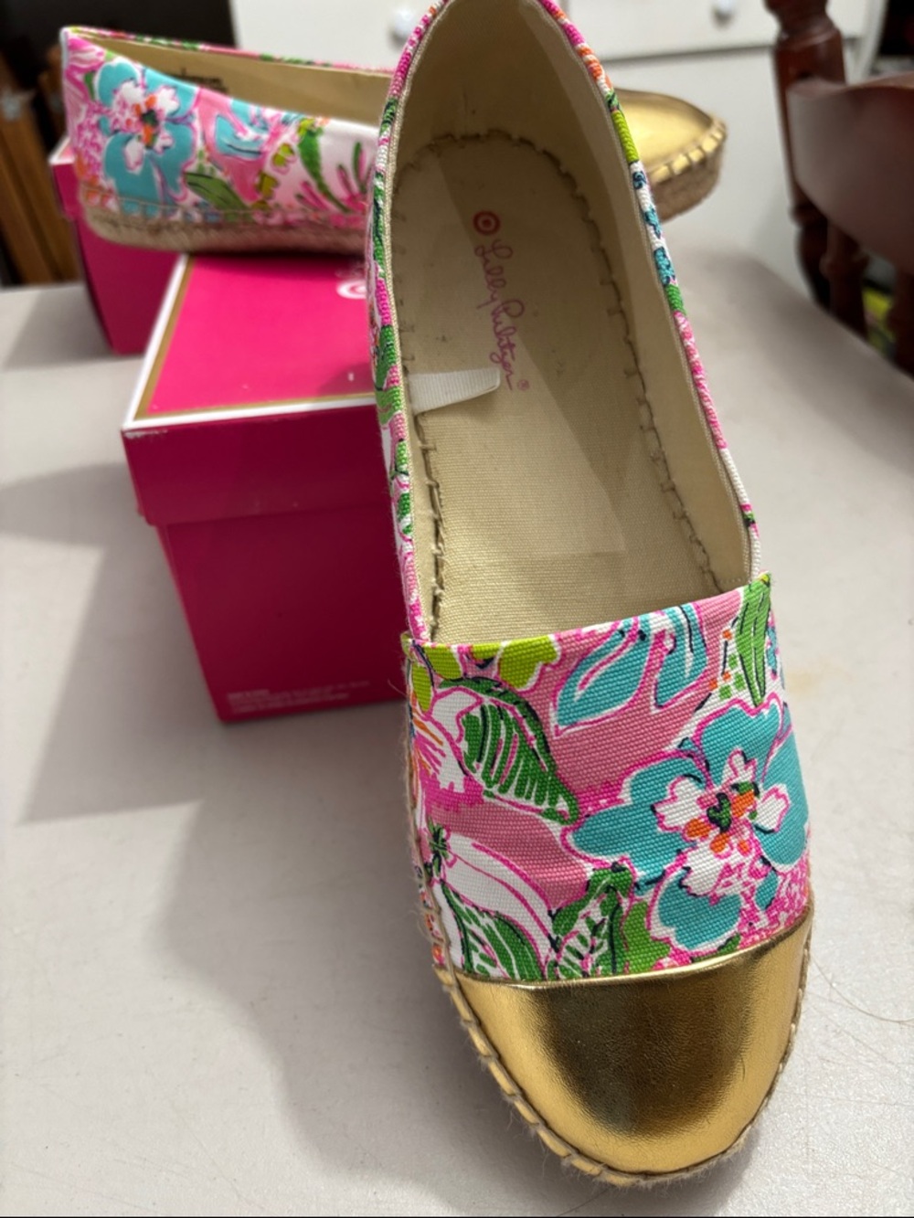 Lilly Pulitzer for Target Pink Floral Espadrilles with Gold Cap Toe Detail